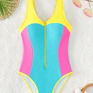 SHEIN One Piece Swimsuit Juniors Medium Blue Pink Yellow Colorblock Zip Front